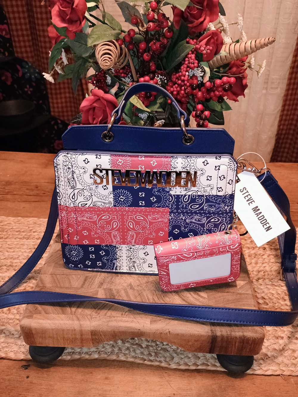 Steve Madden Blue & Red Bandana Patch Satchel with Card Holder